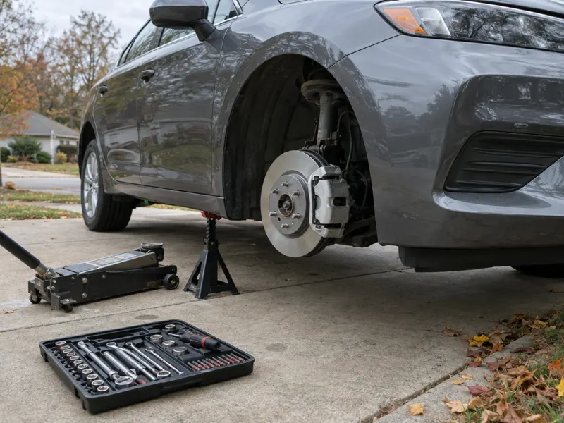 A sedan on a jack stand in a driveway with the wheel off, new brake rotor and caliper showing