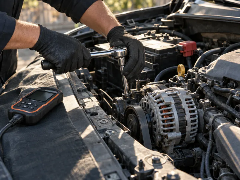 Gloved hands working a socket wrench on an engine, a diagnostic scanner on the fender